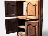 an old wooden cabinet with a door open on a white background