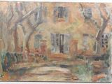 an oil painting of a house with a tree in front of it