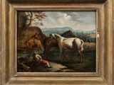 une peinture à l'huile représentant un cheval et un homme dans un paysage