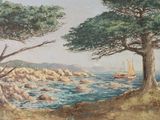 a painting of a boat in the water near some trees