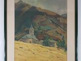 tableau représentant une église sur une colline, avec une montagne en arrière-plan