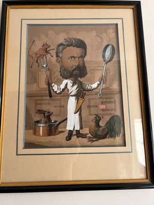 tableau représentant un homme barbu tenant une paire de ciseaux et une cuillère