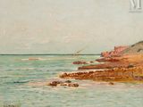 tableau représentant une vue d'une plage rocheuse avec un phare au loin
