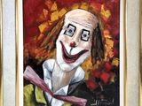 tableau représentant un clown en costume-cravate, le sourire aux lèvres