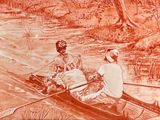 dessin représentant deux personnes dans un canoë sur une rivière, avec des arbres en arrière-plan