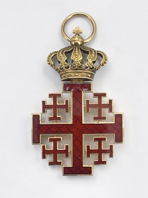 a red and gold cross with a crown on top of it