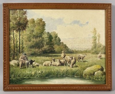 painting of a herd of sheep grazing in a field next to a stream