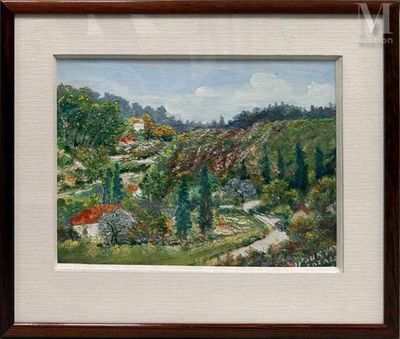peinture représentant un paysage avec une maison au loin et des arbres au premier plan