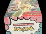 the box of pokemon trading card game has a pink and blue design on it