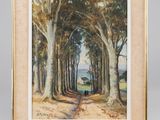 an oil painting of a person walking down a path between trees