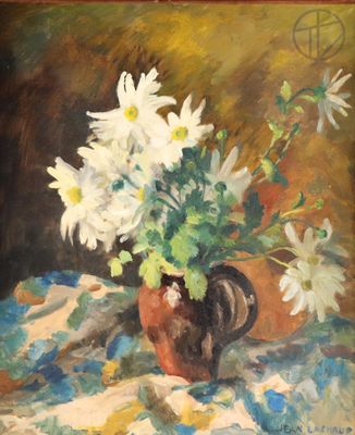 a painting of white flowers in a vase on a table