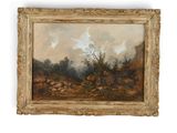 an oil painting of a landscape with trees in the foreground
