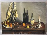 a painting of a table with a plate of fruit and a bottle on it