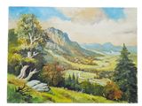 un tableau représentant un paysage de montagne avec des arbres et une rivière