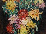 a painting of flowers in a green vase on a table