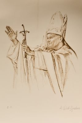 dessin représentant un homme vêtu d'une aube de prêtre et tenant une croix