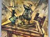 a painting of a still life with a pitcher and fruit on a table