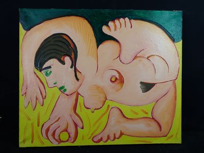 un tableau représentant deux personnes allongées sur un lit