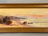 an oil painting of a beach scene with a sailboat in the distance