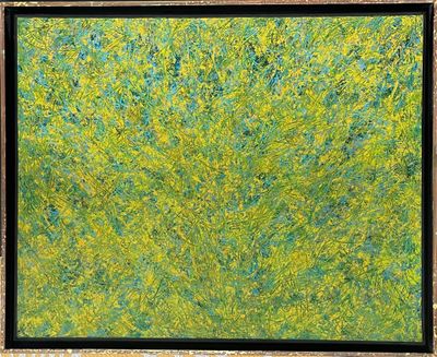 an abstract painting of a green field with a black frame