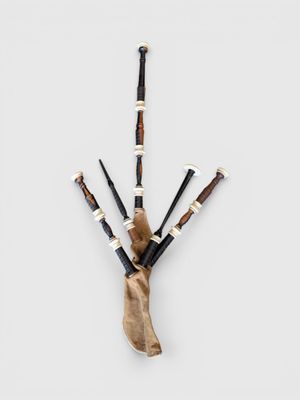 a bagpipe made out of wood and metal pipes on a white surface