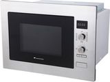 four à micro-ondes argenté avec commandes électroniques sur fond blanc
