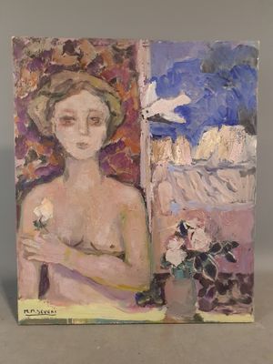 une peinture à l'huile représentant une femme tenant une fleur à côté d'un vase rempli de fleurs