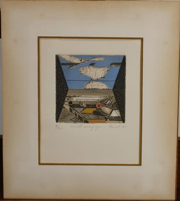 framed picture of a picture of a boat and a seagull in a window
