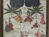 un tableau représentant un groupe de personnes dans un champ bordé d'arbres