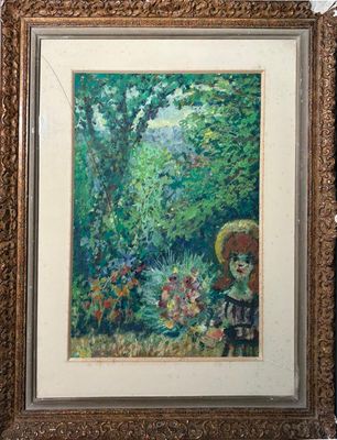 tableau représentant une femme avec une ombrelle dans un jardin fleuri