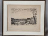 a drawing of a landscape with trees in the foreground