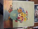 a painting of a vase of flowers on a table