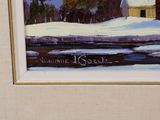 painting of a snowy landscape with a barn in the background