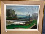 un tableau représentant une rivière avec un bateau dessus