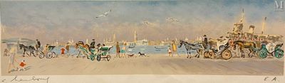 a painting of a horse drawn carriage on the beach
