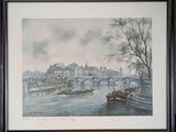 painting of a river scene with boats and a bridge in the background