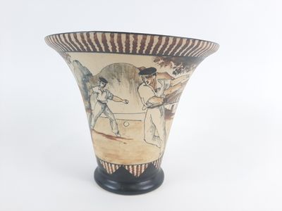 a vase with a painting on it on a white background