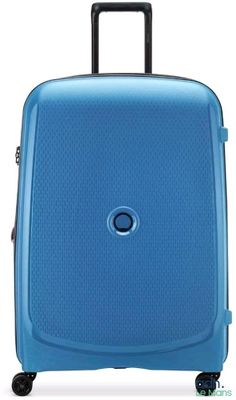 the blue suitcase is sitting on wheels on a white surface