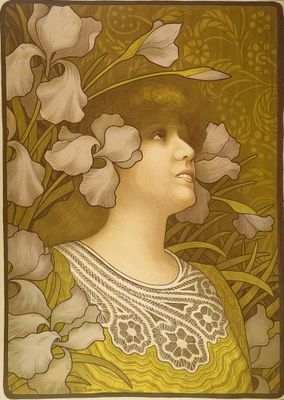 tableau représentant une femme en robe jaune, avec des fleurs dans les cheveux