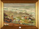 an oil painting of children playing on the beach by the ocean