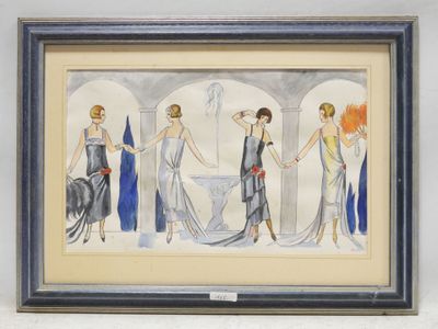 an image of a watercolor painting of four women in evening dresses