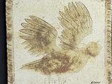 peinture représentant un oiseau doré sur fond noir, avec une bordure dorée