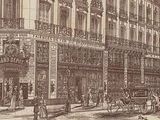 a drawing of a building with a horse drawn carriage in front of it