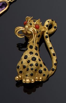 Broche Ancienne Art Déco Or Plaqué 18k – Motif Léopard émaillé – Vintage