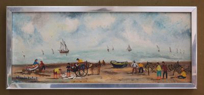 un tableau représentant des personnes sur la plage, avec des bateaux en arrière-plan