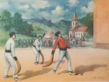 tableau représentant un groupe d'hommes jouant au baseball devant une église