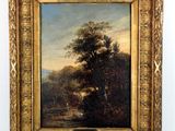 une peinture d'un paysage avec des arbres et une rivière au premier plan