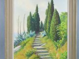 an oil painting of a path with trees and bushes in the background