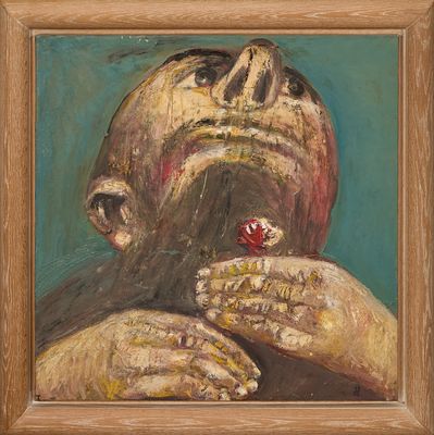 une peinture à l'huile représentant un homme tenant une fleur à la main