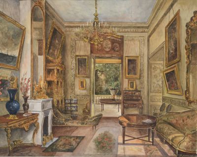 painting of a drawing of a living room with furniture and paintings on the walls